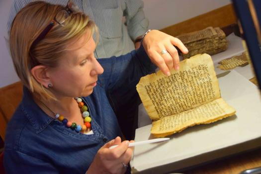 Claudia Rapp, Project Scholarly Director, creating a codicological description of a palimpsest.  